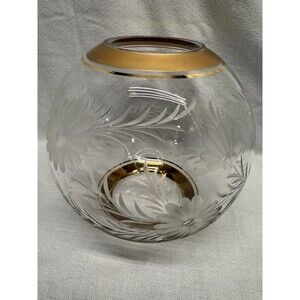 Rare Mid Century Clear Glass Round Vase Etched Flowers Gold Rim On Top & Bottom